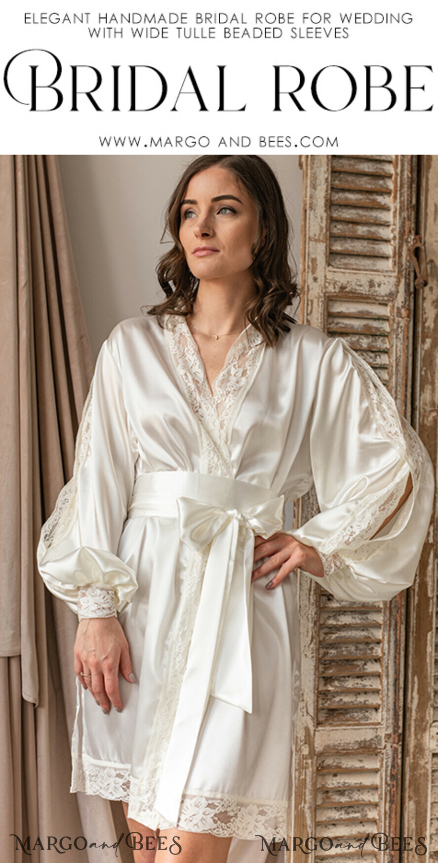 Silk Sation Robe for Bride Lace Bridal robe for wedding with wide open sleeves Silk Bridal white robe satin silk boudoir robe Dressing gown Bridalshower gift