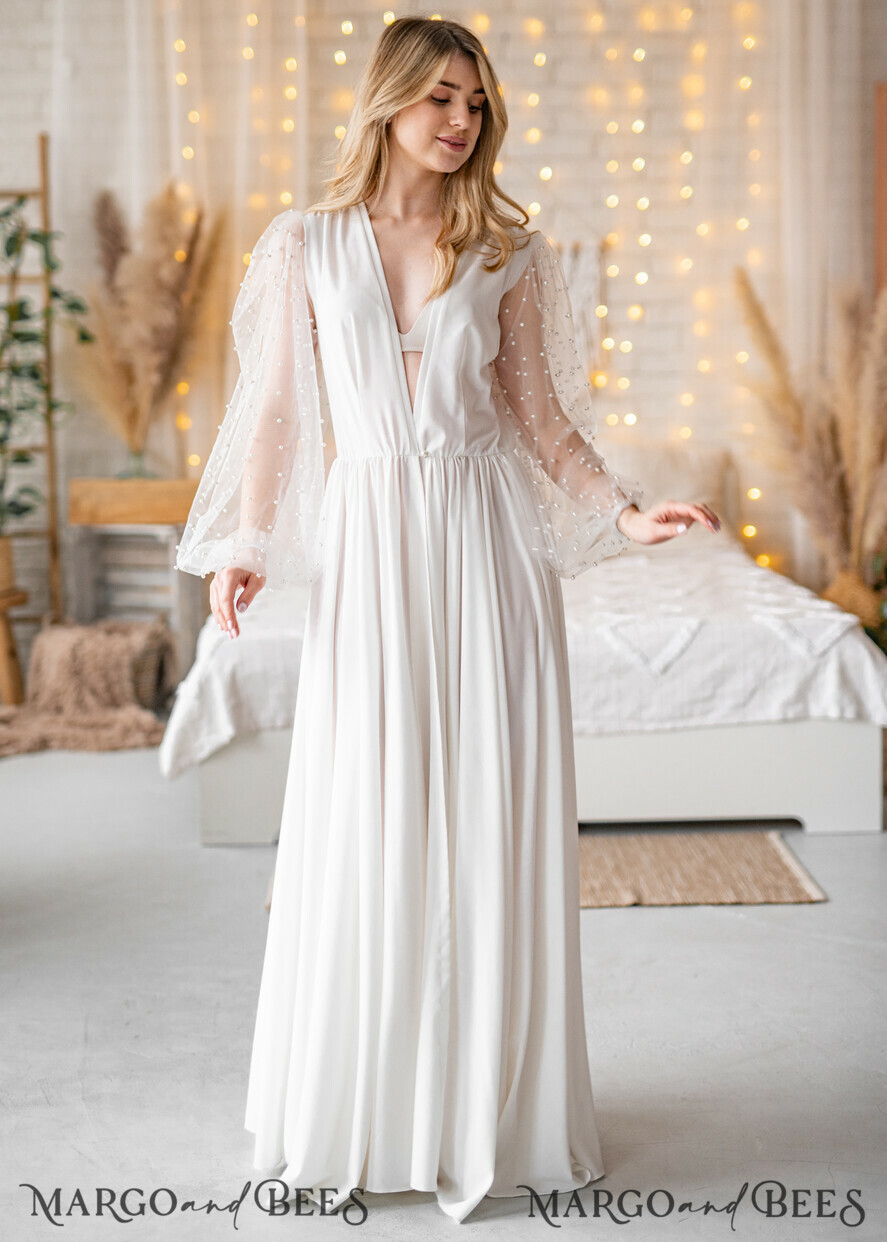Long Bridal robe for wedding with wide tulle sleeves Silk Bride robe Long white robe Satin silk boudoir robe Dressing gown Bridesmaid gift