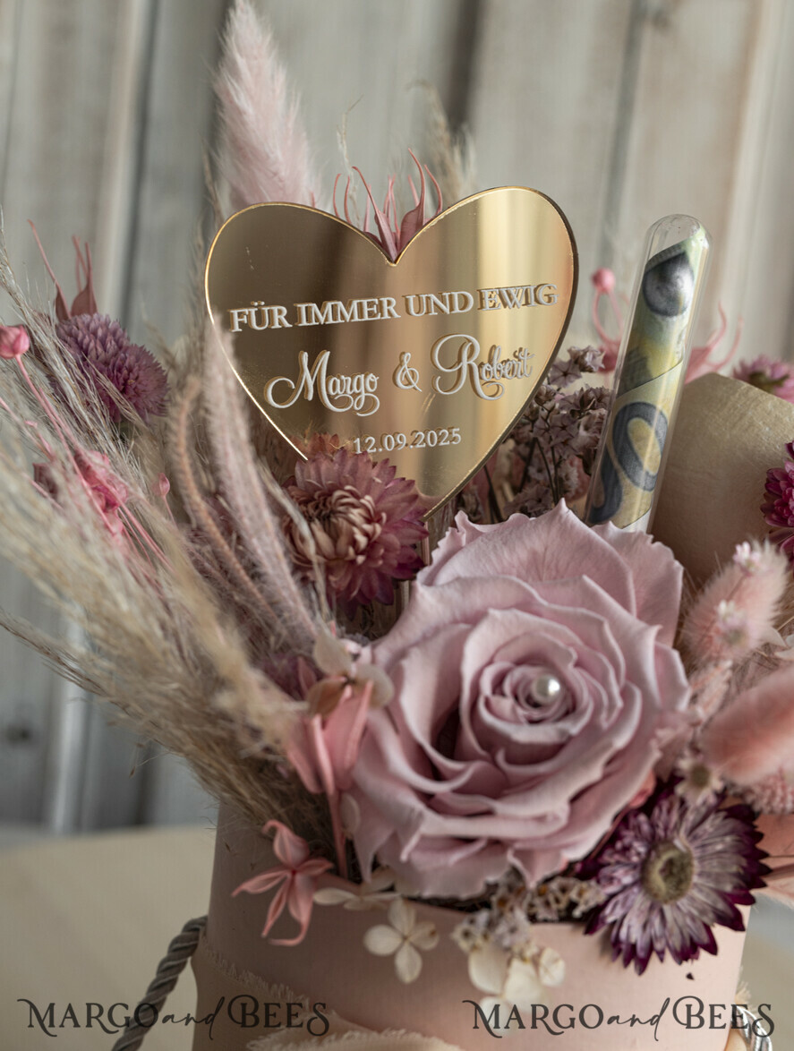 FRISCH VERHEIRATETES PAAR GESCHENKE Geldgeschenk zur Hochzeit Geschenkschachtel für Geld Geldgeschenk zur Hochzeit mit Strauß aus Trockenblumen personalisiert