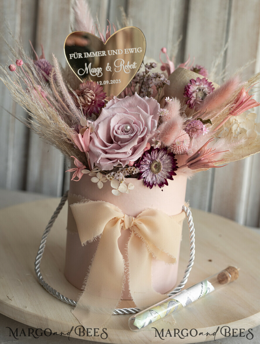FRISCH VERHEIRATETES PAAR GESCHENKE Geldgeschenk zur Hochzeit Geschenkschachtel für Geld Geldgeschenk zur Hochzeit mit Strauß aus Trockenblumen personalisiert