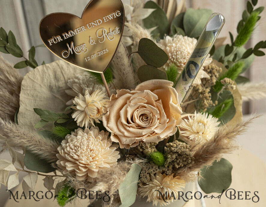 FRISCH VERHEIRATETES PAAR GESCHENKE Geldgeschenk zur Hochzeit Geschenkschachtel für Geld Geldgeschenk zur Hochzeit mit Strauß aus Trockenblumen personalisiert