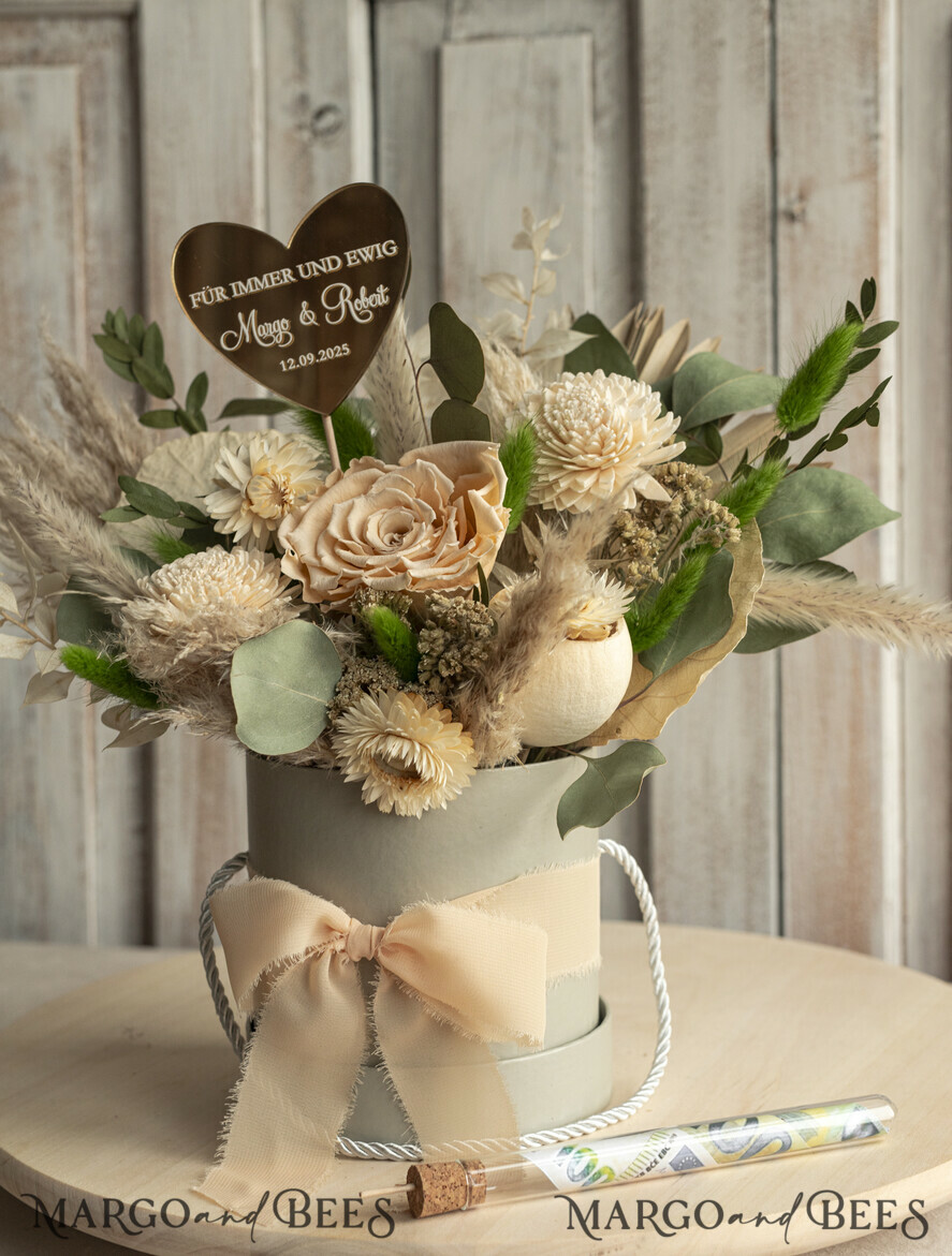FRISCH VERHEIRATETES PAAR GESCHENKE Geldgeschenk zur Hochzeit Geschenkschachtel für Geld Geldgeschenk zur Hochzeit mit Strauß aus Trockenblumen personalisiert