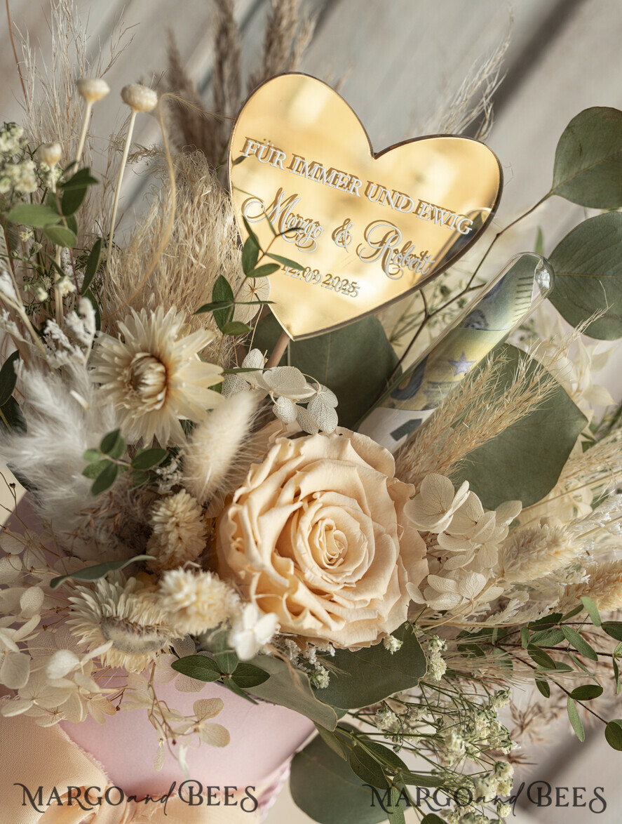 FRISCH VERHEIRATETES PAAR GESCHENKE Geldgeschenk zur Hochzeit Geschenkschachtel für Geld Geldgeschenk zur Hochzeit mit Strauß aus Trockenblumen personalisiert