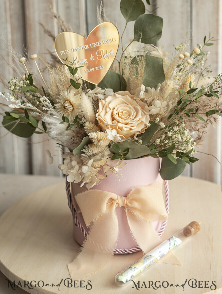 FRISCH VERHEIRATETES PAAR GESCHENKE Geldgeschenk zur Hochzeit Geschenkschachtel für Geld Geldgeschenk zur Hochzeit mit Strauß aus Trockenblumen personalisiert