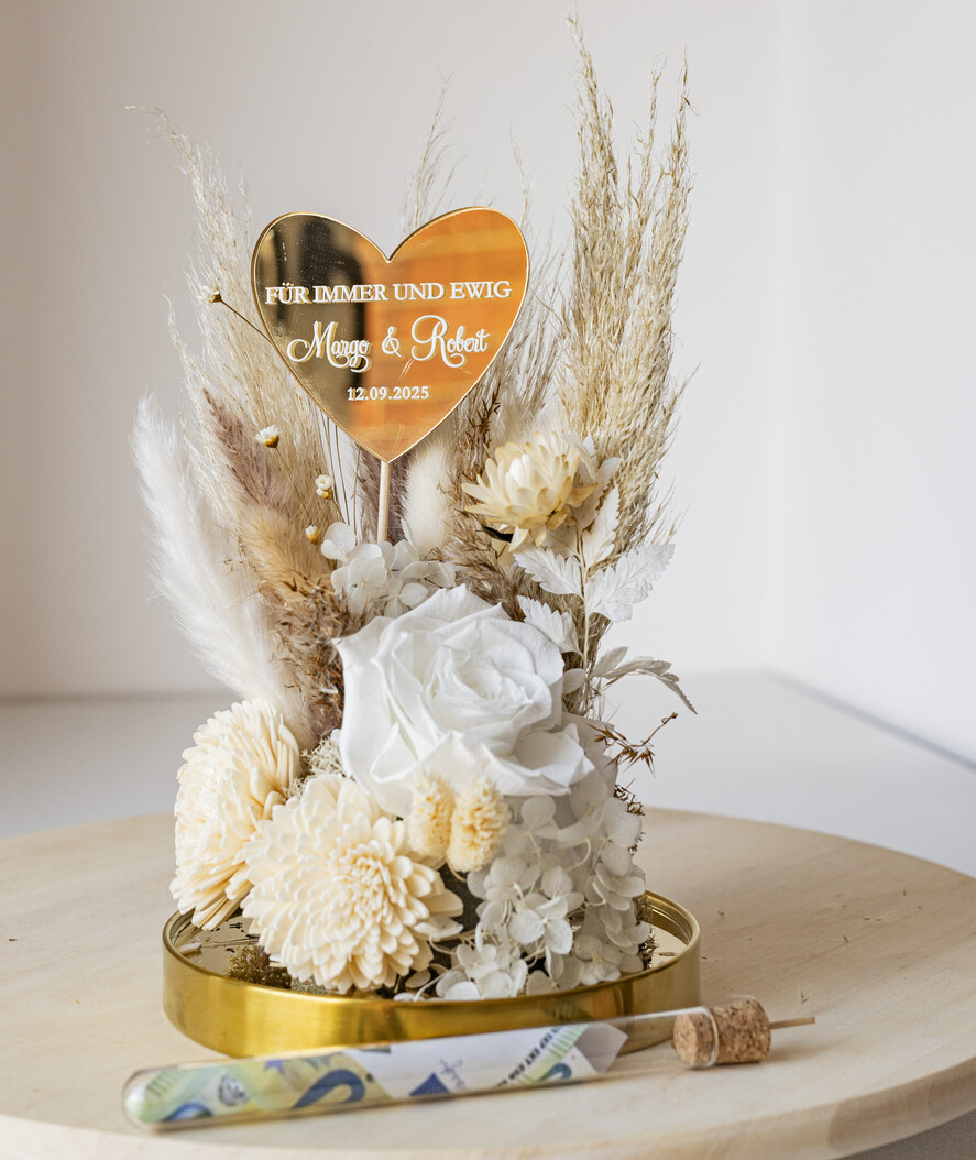 FRISCH VERHEIRATETES PAAR GESCHENKE Geldgeschenk zur Hochzeit Geschenkschachtel für Geld Geschenke zur Hochzeit mit Strauß aus Trockenblumen personalisiert.