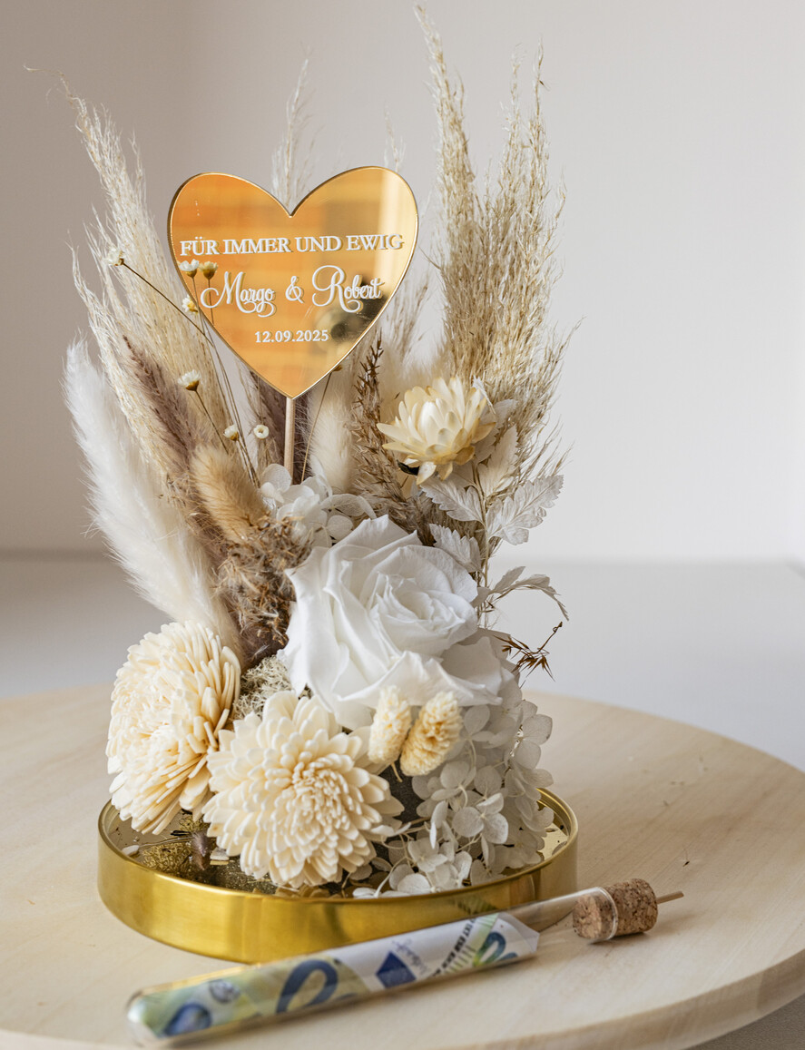 FRISCH VERHEIRATETES PAAR GESCHENKE Geldgeschenk zur Hochzeit Geschenkschachtel für Geld Geschenke zur Hochzeit mit Strauß aus Trockenblumen personalisiert.