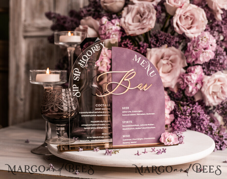 TABLE DECOR SIGNS Velvet table Numbers and Decor Mauve Velvet Bar Menu, Acrylic Half Arch Table List of drinks, Acrylic Dusty Rose Drinks combo, Purple Golden Velvet Table Sign with stand MvS