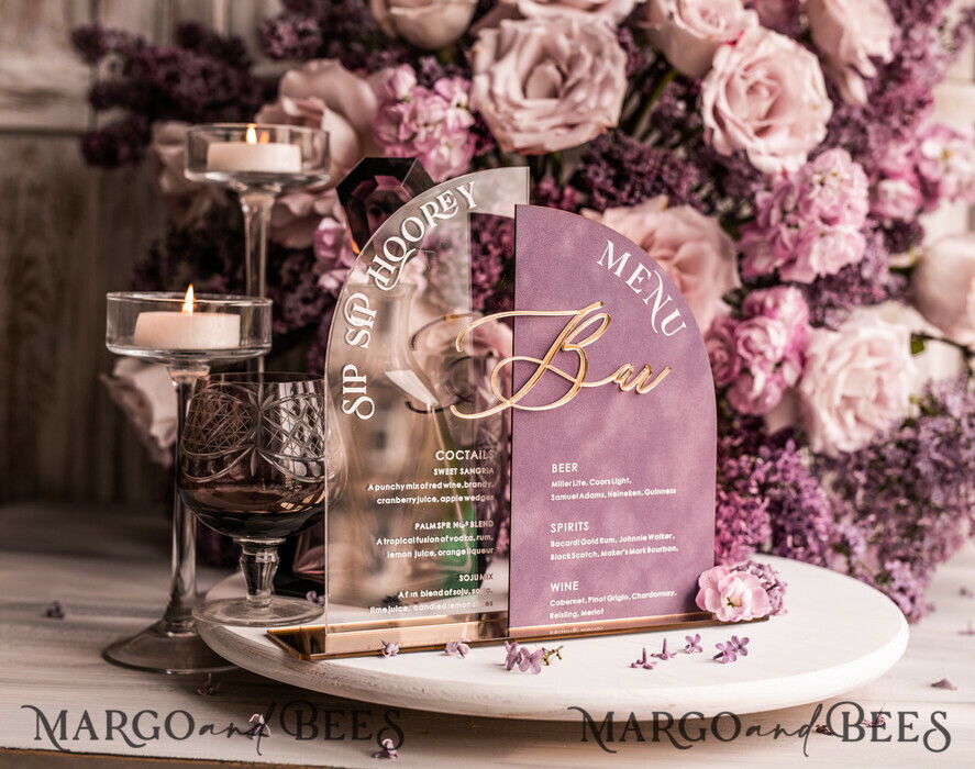 TABLE DECOR SIGNS Velvet table Numbers and Decor Mauve Velvet Bar Menu, Acrylic Half Arch Table List of drinks, Acrylic Dusty Rose Drinks combo, Purple Golden Velvet Table Sign with stand MvS