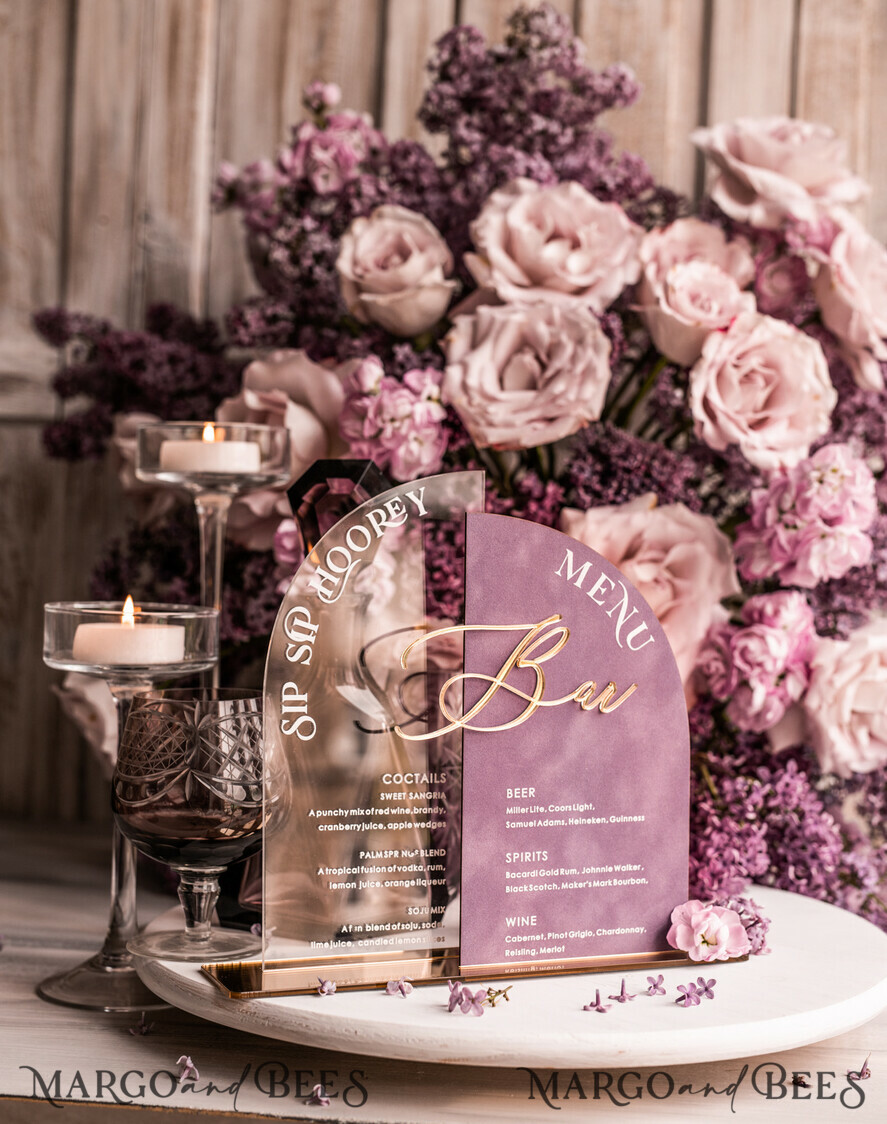 TABLE DECOR SIGNS Velvet table Numbers and Decor Mauve Velvet Bar Menu, Acrylic Half Arch Table List of drinks, Acrylic Dusty Rose Drinks combo, Purple Golden Velvet Table Sign with stand MvS
