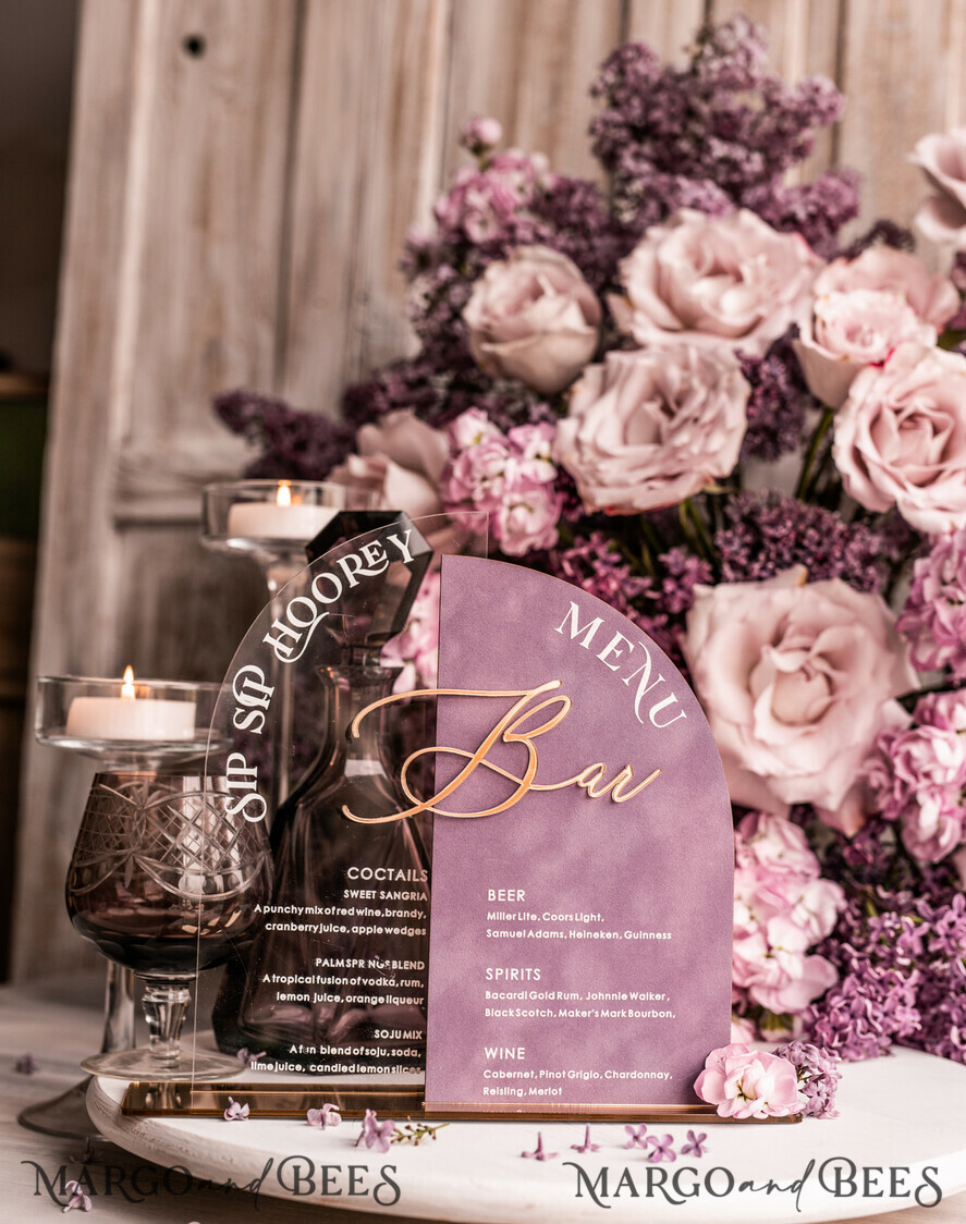 TABLE DECOR SIGNS Velvet table Numbers and Decor Mauve Velvet Bar Menu, Acrylic Half Arch Table List of drinks, Acrylic Dusty Rose Drinks combo, Purple Golden Velvet Table Sign with stand MvS