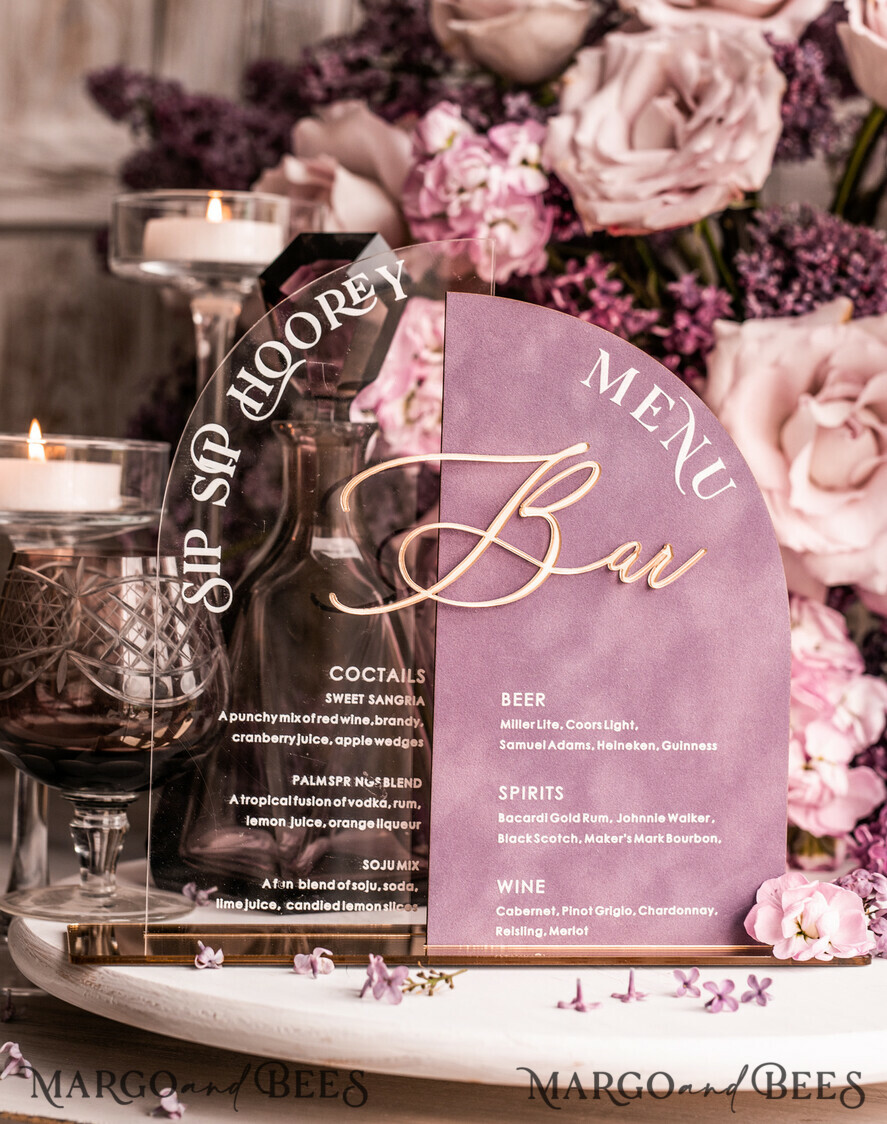 TABLE DECOR SIGNS Velvet table Numbers and Decor Mauve Velvet Bar Menu, Acrylic Half Arch Table List of drinks, Acrylic Dusty Rose Drinks combo, Purple Golden Velvet Table Sign with stand MvS