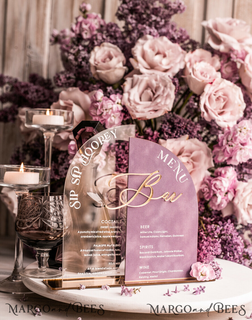 TABLE DECOR SIGNS Velvet table Numbers and Decor Mauve Velvet Bar Menu, Acrylic Half Arch Table List of drinks, Acrylic Dusty Rose Drinks combo, Purple Golden Velvet Table Sign with stand MvS