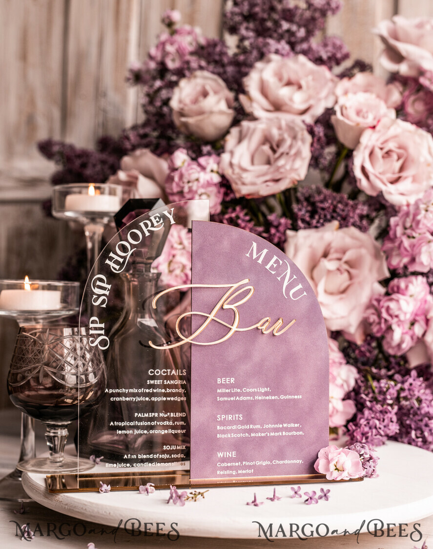 TABLE DECOR SIGNS Velvet table Numbers and Decor Mauve Velvet Bar Menu, Acrylic Half Arch Table List of drinks, Acrylic Dusty Rose Drinks combo, Purple Golden Velvet Table Sign with stand MvS