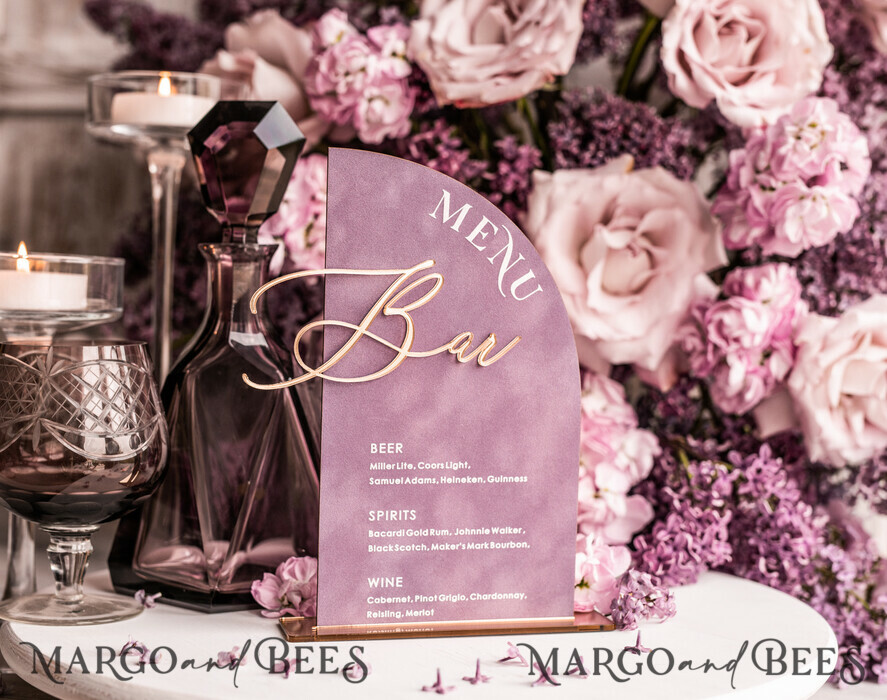 TABLE DECOR SIGNS Velvet table Numbers and Decor Mauve Velvet Bar Menu, Acrylic Half Arch Table List of drinks, Acrylic Dusty Rose Drinks combo, Purple Golden Velvet Table Sign with stand MvS