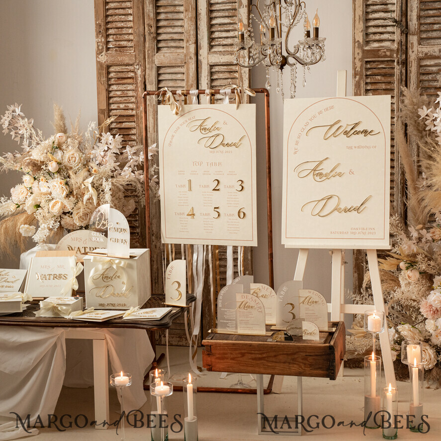 TISCHDEKORATIONSCHILDER   Samt Tischnummern und Dekoration Acrylbogen Tischnummer & Dinner-Menü-Kombination, gefrorenes Elfenbein-Acryl-Gold-Schild, goldene gefrostete Plexi-Velours-Tischnummern & Menü-Kombination, luxuriöse Hochzeits-Tischdekoration, Hochzeitsbeschilderung goldene Spiegeltischnummern & Menü