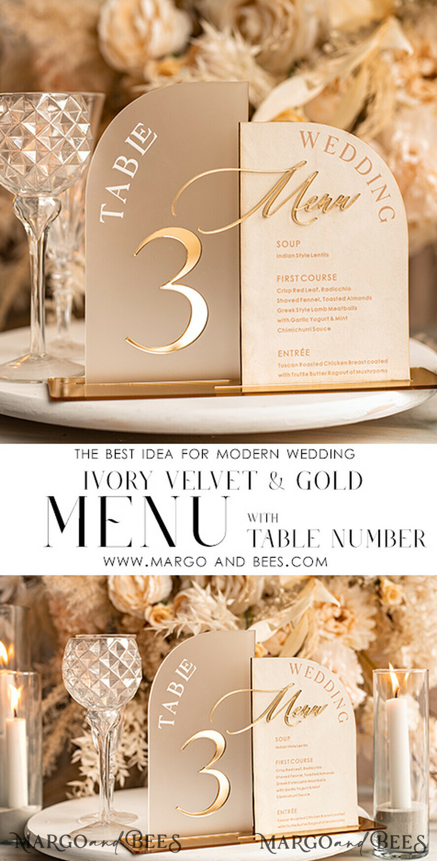 TISCHDEKORATIONSCHILDER   Samt Tischnummern und Dekoration Acrylbogen Tischnummer & Dinner-Menü-Kombination, gefrorenes Elfenbein-Acryl-Gold-Schild, goldene gefrostete Plexi-Velours-Tischnummern & Menü-Kombination, luxuriöse Hochzeits-Tischdekoration, Hochzeitsbeschilderung goldene Spiegeltischnummern & Menü