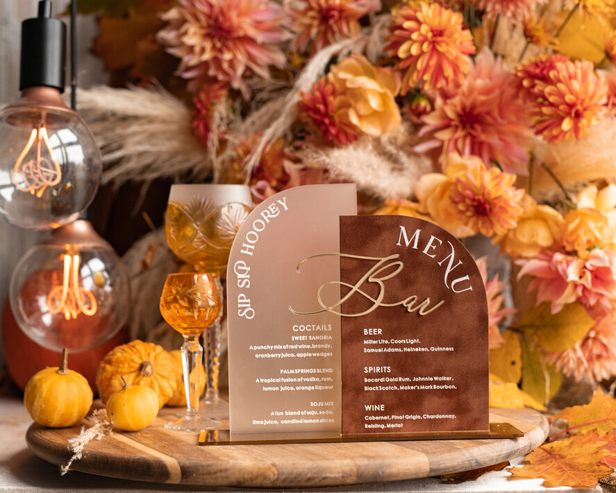 TISCHDEKORATIONSCHILDER   Samt Tischnummern und Dekoration Acrylic Arch Bar Menü-Kombination, klares Plexiglas Gold Rost Samt Getränkebar-Menü-Schild mit Ständer, Terracotta Plexi Tischbar-Menü-Kombination Luxus Hochzeits Tischdekoration, Hochzeitsbeschilderung verbranntes Orange Getränkebar-Menü