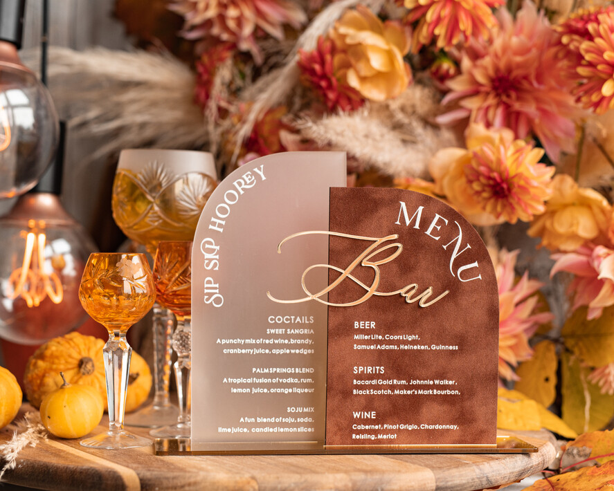 TISCHDEKORATIONSCHILDER   Samt Tischnummern und Dekoration Acrylic Arch Bar Menü-Kombination, klares Plexiglas Gold Rost Samt Getränkebar-Menü-Schild mit Ständer, Terracotta Plexi Tischbar-Menü-Kombination Luxus Hochzeits Tischdekoration, Hochzeitsbeschilderung verbranntes Orange Getränkebar-Menü