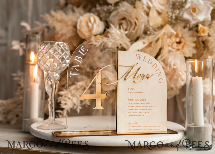 TISCHDEKORATIONSCHILDER   Samt Tischnummern und Dekoration Acrylbogen Tischnummer & Menü-Kombination, klare elfenbeinfarbene Acrylgold-Schild, goldene Plexi-Velour-Tischnummern & Menü-Kombination Luxus-Hochzeits-Tischdekor, Hochzeitsbeschilderung goldene Spiegel-Tischnummern & Menü