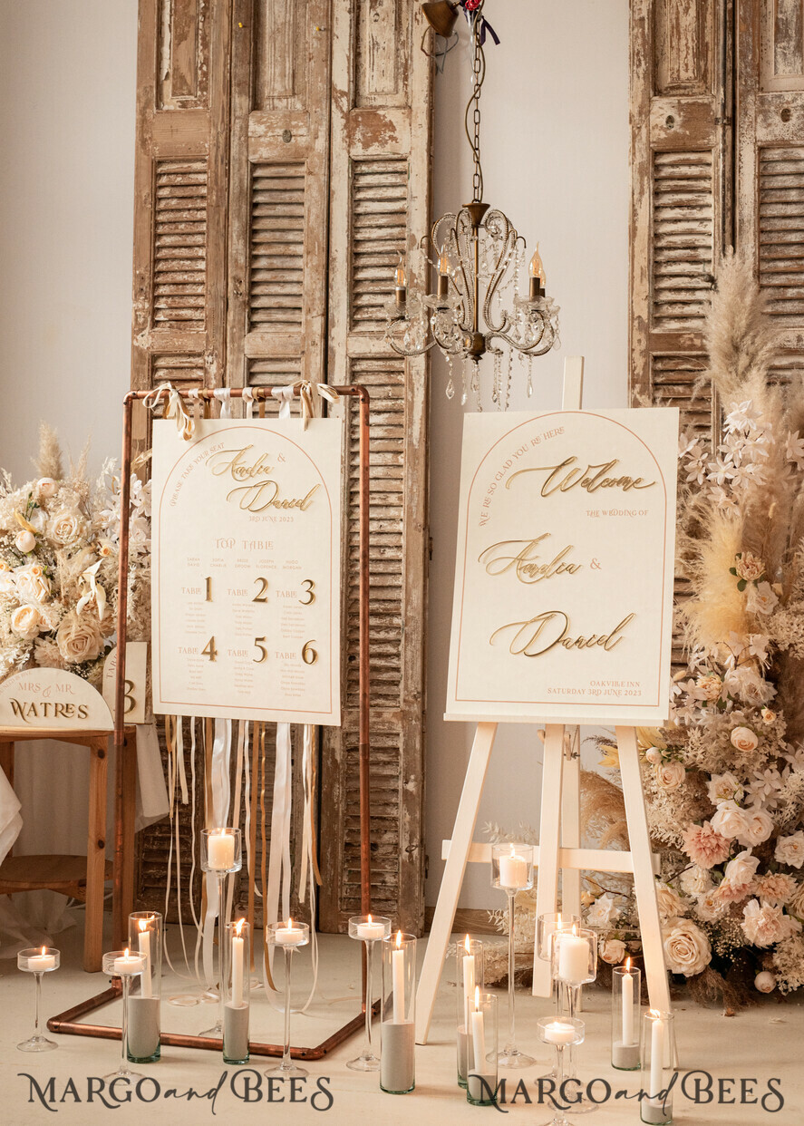 TISCHDEKORATIONSCHILDER   Samt Tischnummern und Dekoration Acrylbogen Tischnummer & Menü-Kombination, klare elfenbeinfarbene Acrylgold-Schild, goldene Plexi-Velour-Tischnummern & Menü-Kombination Luxus-Hochzeits-Tischdekor, Hochzeitsbeschilderung goldene Spiegel-Tischnummern & Menü