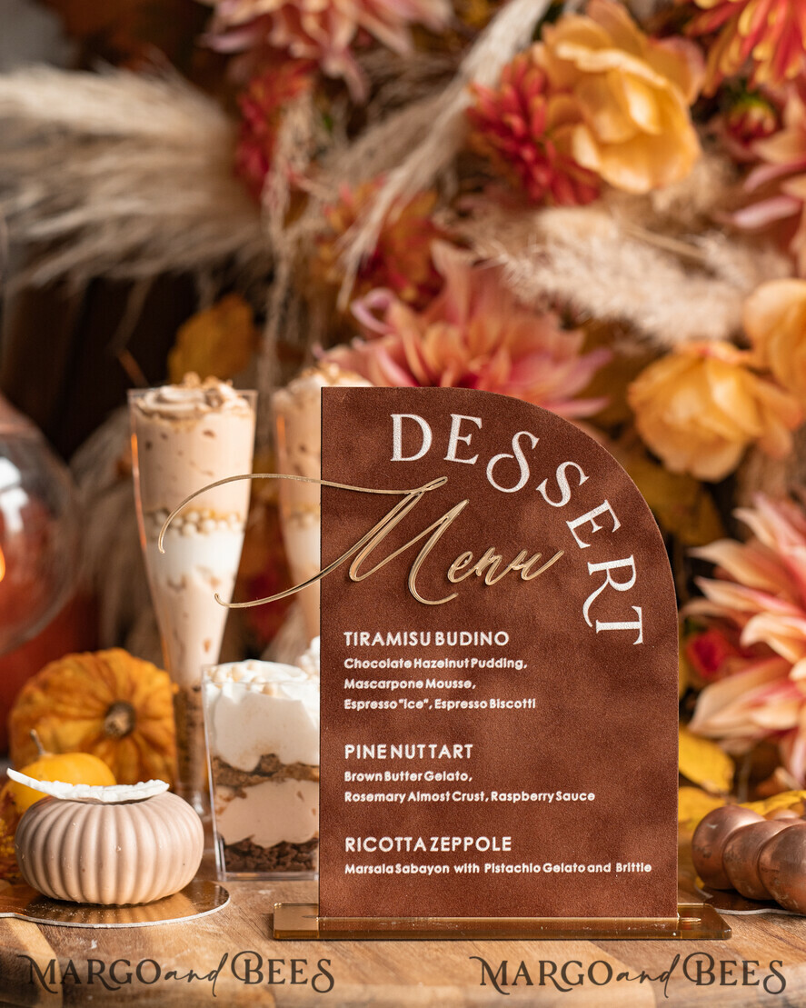 TABLE DECOR SIGNS Velvet table Numbers and Decor Terracotta Velvet Arch Dessert menu, Rust gold Candy Sign, Gold Plexi Table Arch Cake Bar Menu, Luxury Wedding Table Decor, Wedding Signage Golden Burnt Orange