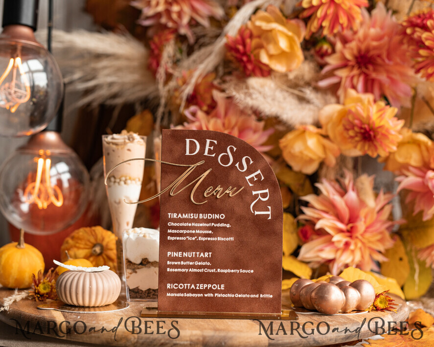TABLE DECOR SIGNS Velvet table Numbers and Decor Terracotta Velvet Arch Dessert menu, Rust gold Candy Sign, Gold Plexi Table Arch Cake Bar Menu, Luxury Wedding Table Decor, Wedding Signage Golden Burnt Orange
