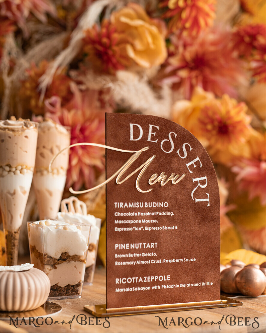TABLE DECOR SIGNS Velvet table Numbers and Decor Terracotta Velvet Arch Dessert menu, Rust gold Candy Sign, Gold Plexi Table Arch Cake Bar Menu, Luxury Wedding Table Decor, Wedding Signage Golden Burnt Orange