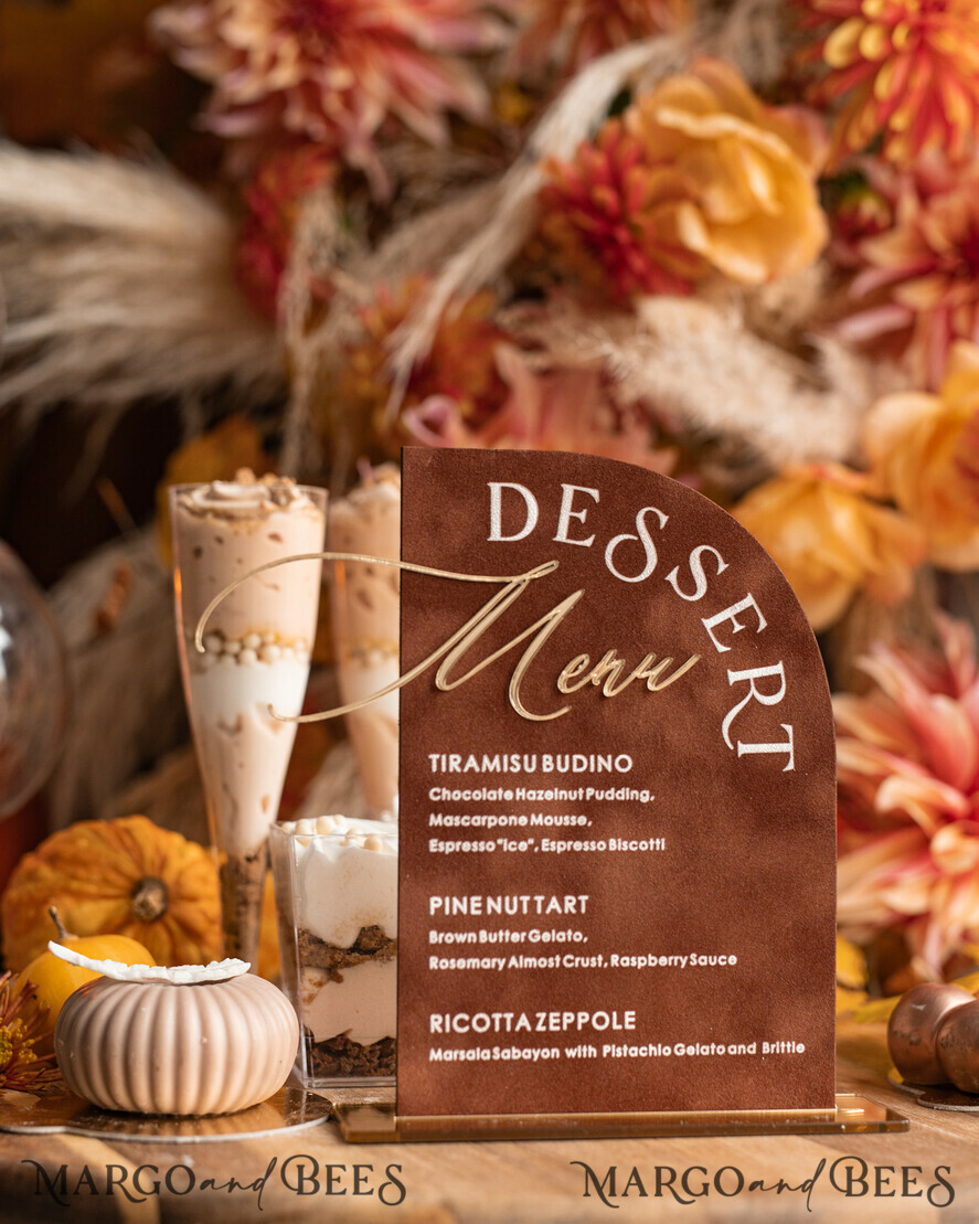 TABLE DECOR SIGNS Velvet table Numbers and Decor Terracotta Velvet Arch Dessert menu, Rust gold Candy Sign, Gold Plexi Table Arch Cake Bar Menu, Luxury Wedding Table Decor, Wedding Signage Golden Burnt Orange