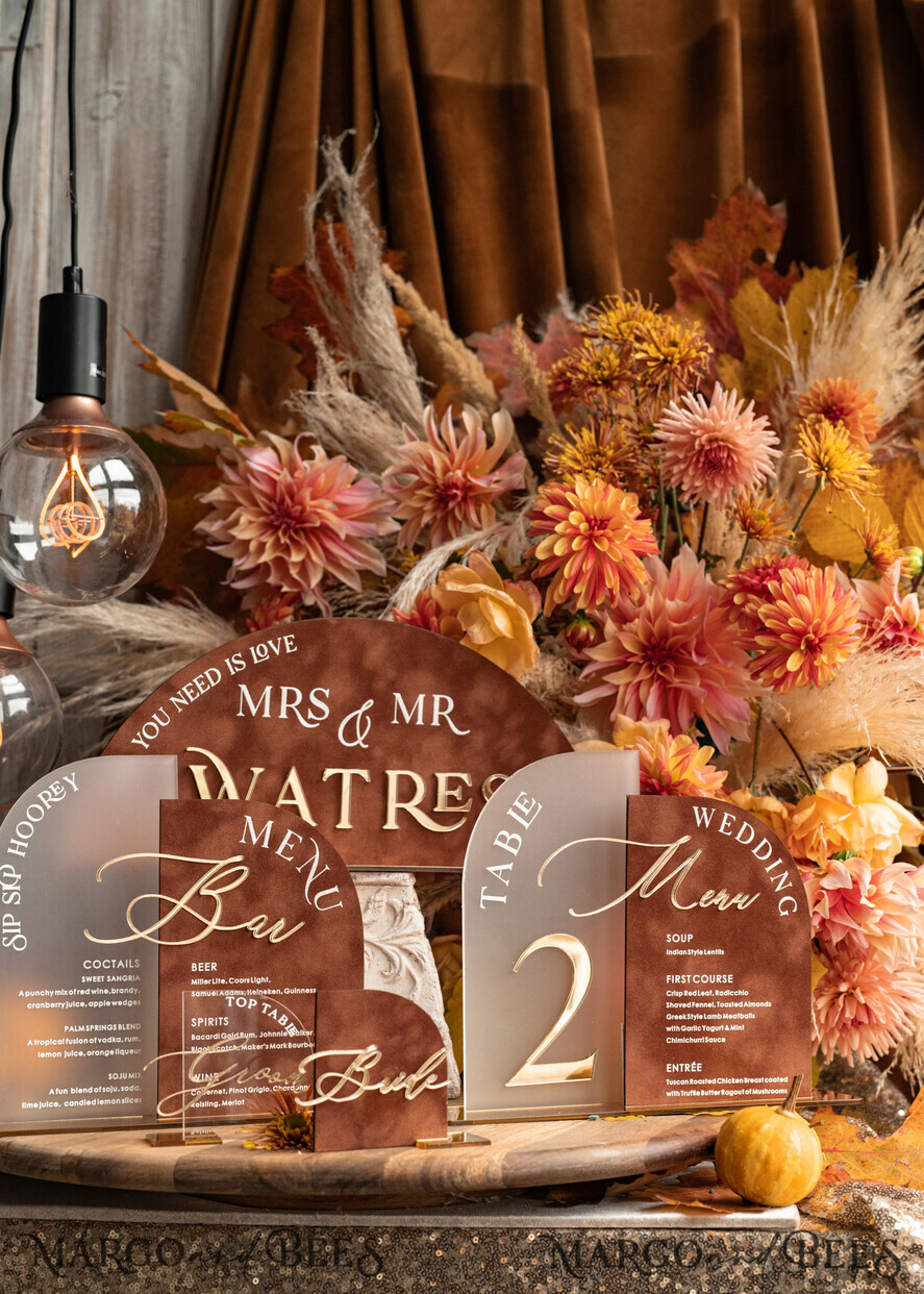 TABLE DECOR SIGNS Velvet table Numbers and Decor Terracotta Velvet Arch Dessert menu, Rust gold Candy Sign, Gold Plexi Table Arch Cake Bar Menu, Luxury Wedding Table Decor, Wedding Signage Golden Burnt Orange