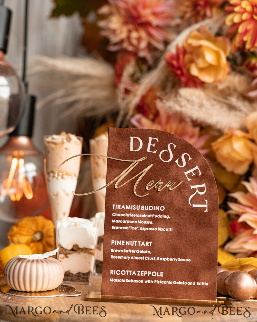TABLE DECOR SIGNS Velvet table Numbers and Decor Terracotta Velvet Arch Dessert menu, Rust gold Candy Sign, Gold Plexi Table Arch Cake Bar Menu, Luxury Wedding Table Decor, Wedding Signage Golden Burnt Orange