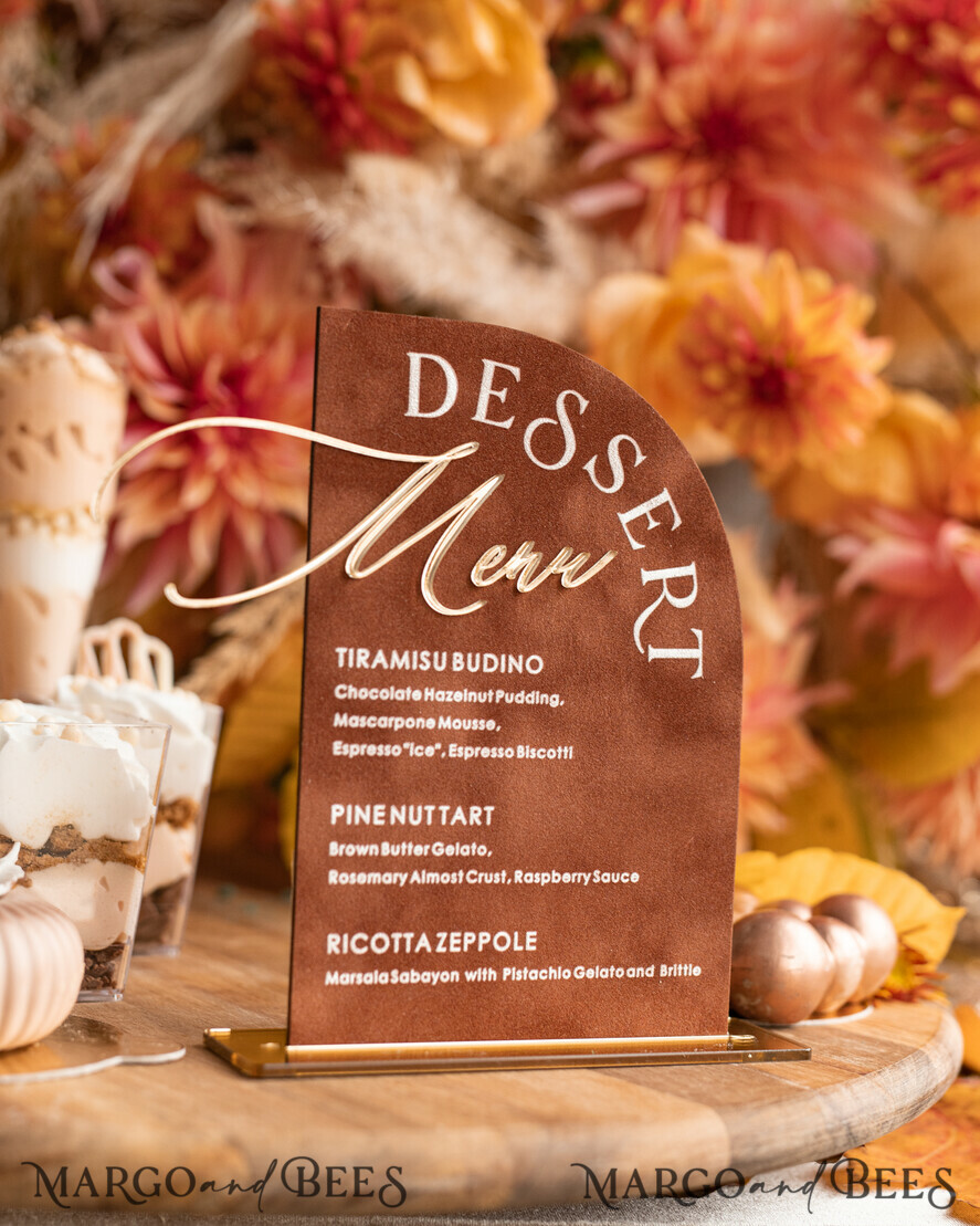 TABLE DECOR SIGNS Velvet table Numbers and Decor Terracotta Velvet Arch Dessert menu, Rust gold Candy Sign, Gold Plexi Table Arch Cake Bar Menu, Luxury Wedding Table Decor, Wedding Signage Golden Burnt Orange