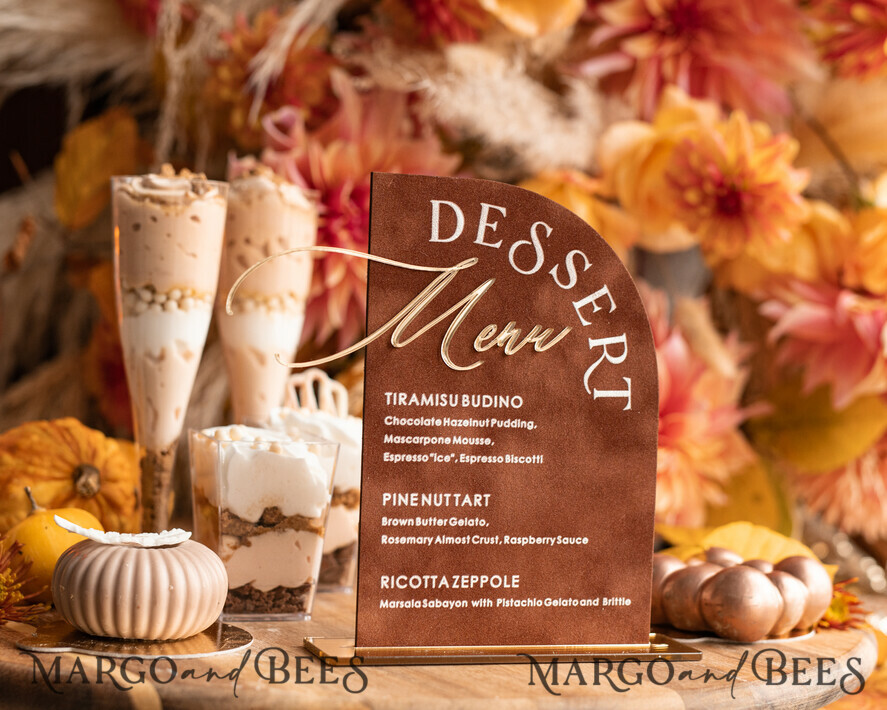TABLE DECOR SIGNS Velvet table Numbers and Decor Terracotta Velvet Arch Dessert menu, Rust gold Candy Sign, Gold Plexi Table Arch Cake Bar Menu, Luxury Wedding Table Decor, Wedding Signage Golden Burnt Orange