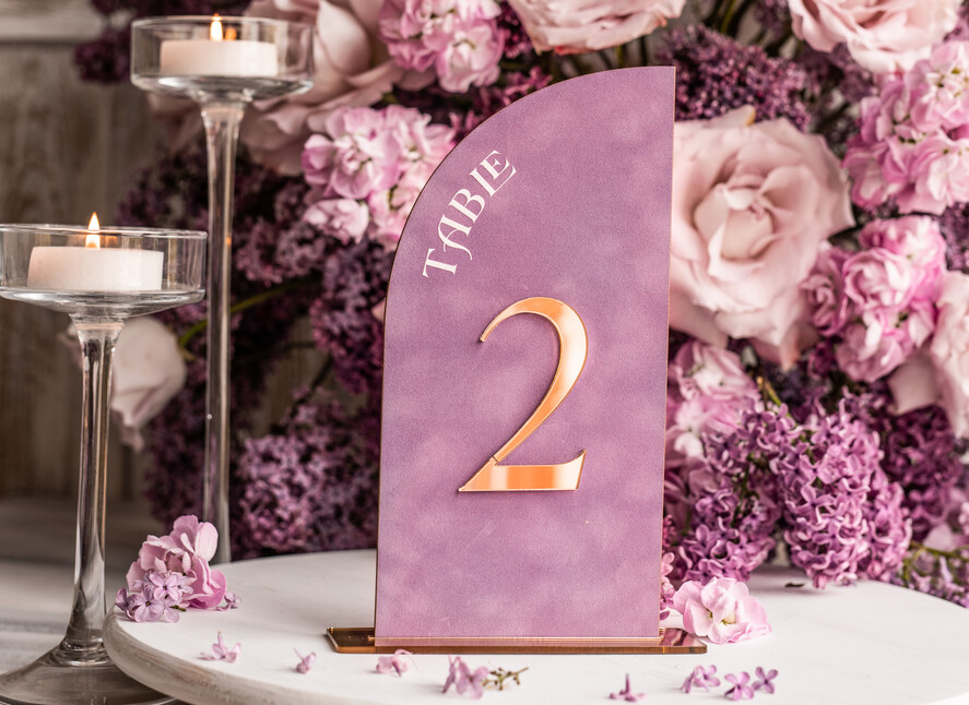TABLE DECOR SIGNS Velvet table Numbers and Decor Mauve Velvet Table Number, Gold Acrylic Half Arch Table Sign, Dusty Rose Velvet Wedding Table Number with stand, Gold Plexi  Purple Table numbers MvS