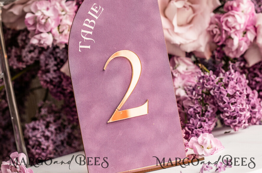 TABLE DECOR SIGNS Velvet table Numbers and Decor Mauve Velvet Table Number, Gold Acrylic Half Arch Table Sign, Dusty Rose Velvet Wedding Table Number with stand, Gold Plexi  Purple Table numbers MvS