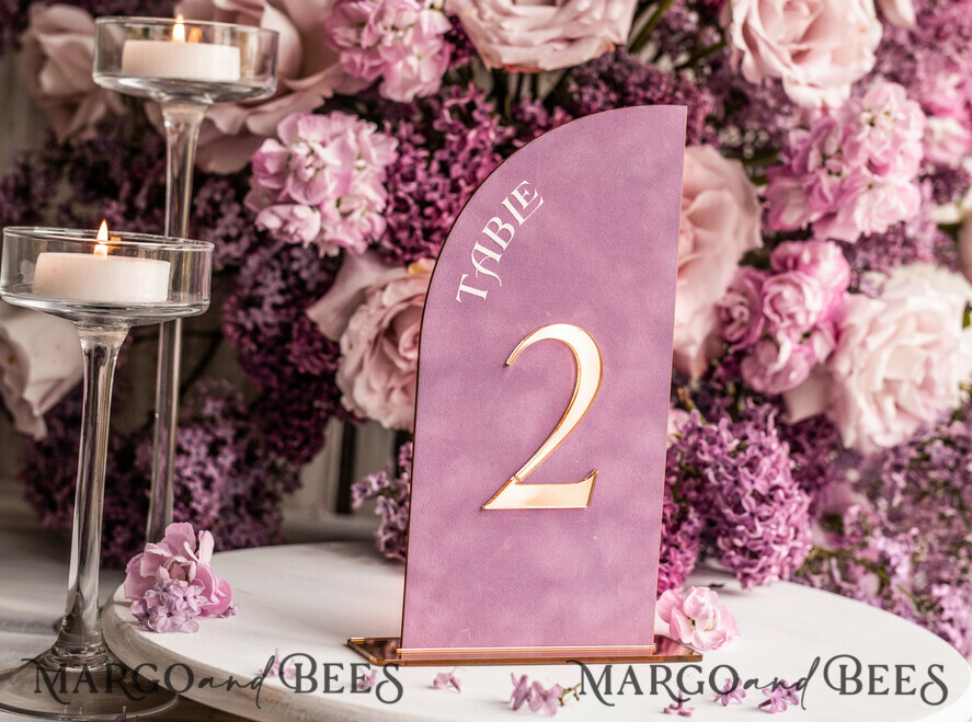 TABLE DECOR SIGNS Velvet table Numbers and Decor Mauve Velvet Table Number, Gold Acrylic Half Arch Table Sign, Dusty Rose Velvet Wedding Table Number with stand, Gold Plexi  Purple Table numbers MvS
