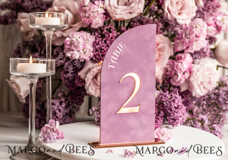 TABLE DECOR SIGNS Velvet table Numbers and Decor Mauve Velvet Table Number, Gold Acrylic Half Arch Table Sign, Dusty Rose Velvet Wedding Table Number with stand, Gold Plexi  Purple Table numbers MvS