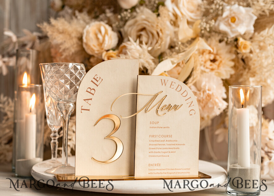 TABLE DECOR SIGNS Velvet table Numbers and Decor Acrylic Arch Table Number & dinner menu Combo, Velvet Ivory Acrylic gold Sign, Gold Ivory Plexi Velvet Table Numbers & Menu Combo Luxury Wedding Table Decor, Wedding Signage Golden mirror table numbers & Menu