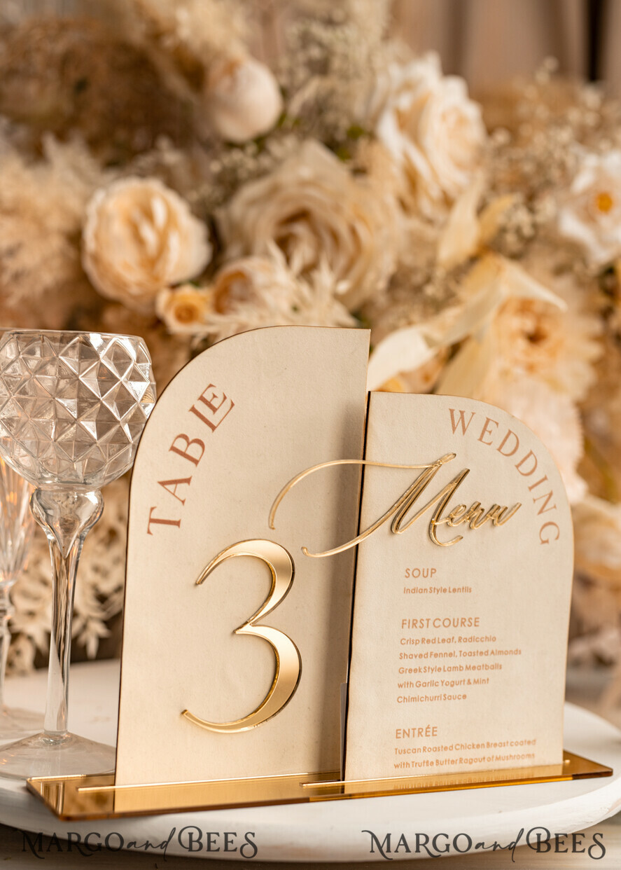 TABLE DECOR SIGNS Velvet table Numbers and Decor Acrylic Arch Table Number & dinner menu Combo, Velvet Ivory Acrylic gold Sign, Gold Ivory Plexi Velvet Table Numbers & Menu Combo Luxury Wedding Table Decor, Wedding Signage Golden mirror table numbers & Menu