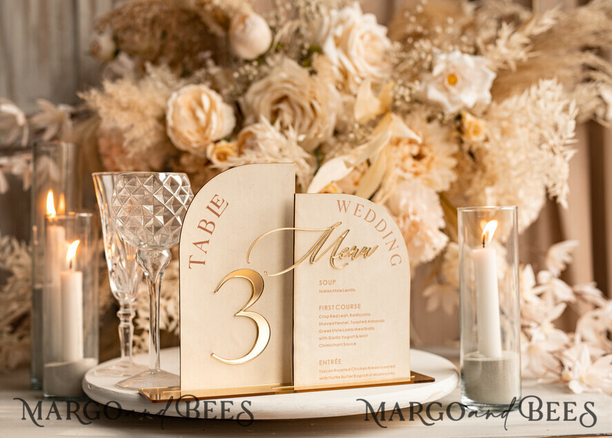 TABLE DECOR SIGNS Velvet table Numbers and Decor Acrylic Arch Table Number & dinner menu Combo, Velvet Ivory Acrylic gold Sign, Gold Ivory Plexi Velvet Table Numbers & Menu Combo Luxury Wedding Table Decor, Wedding Signage Golden mirror table numbers & Menu