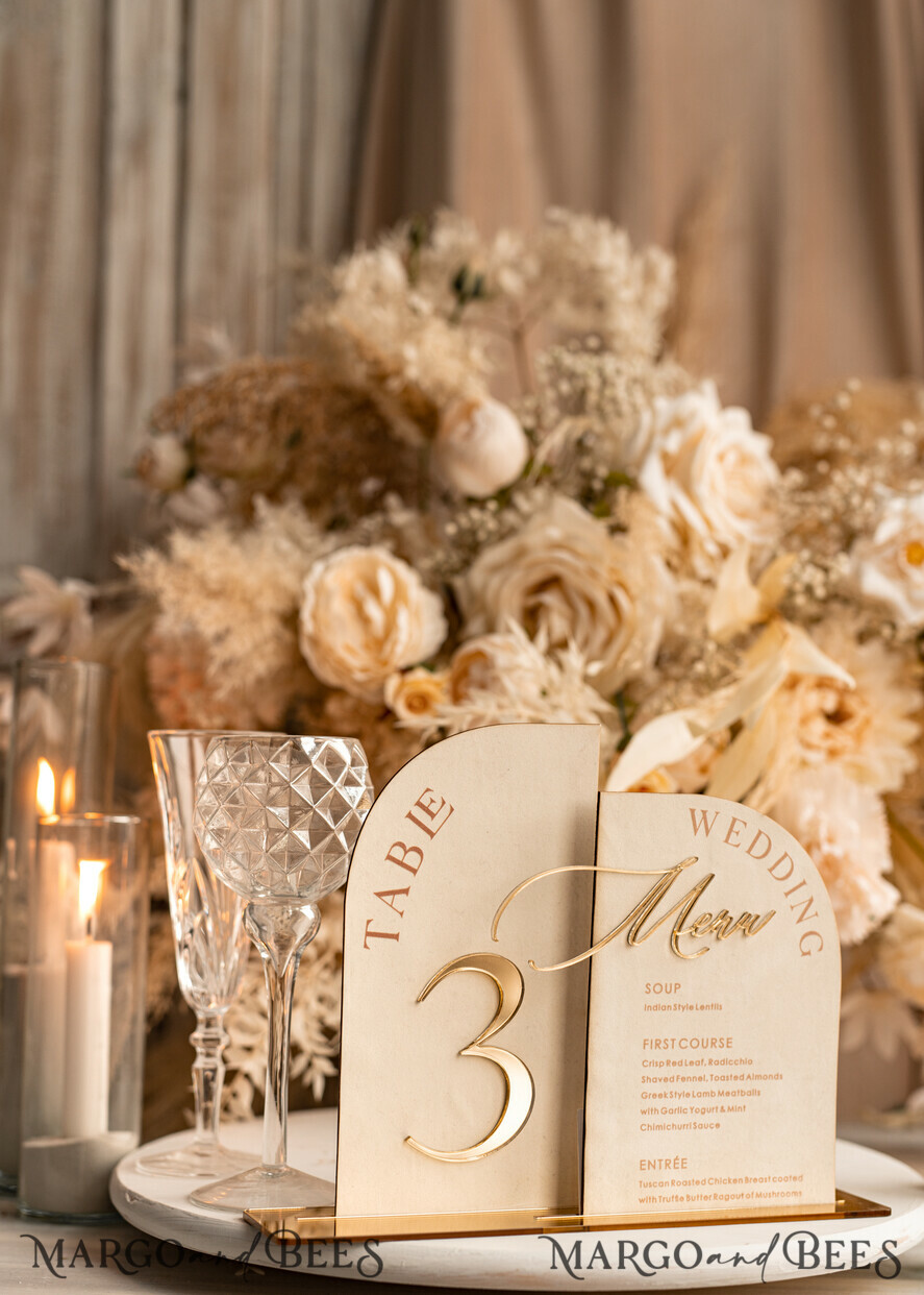 TABLE DECOR SIGNS Velvet table Numbers and Decor Acrylic Arch Table Number & dinner menu Combo, Velvet Ivory Acrylic gold Sign, Gold Ivory Plexi Velvet Table Numbers & Menu Combo Luxury Wedding Table Decor, Wedding Signage Golden mirror table numbers & Menu