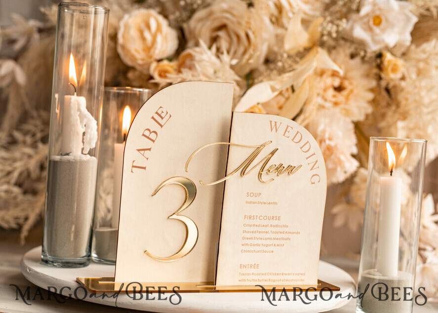 TABLE DECOR SIGNS Velvet table Numbers and Decor Acrylic Arch Table Number & dinner menu Combo, Velvet Ivory Acrylic gold Sign, Gold Ivory Plexi Velvet Table Numbers & Menu Combo Luxury Wedding Table Decor, Wedding Signage Golden mirror table numbers & Menu