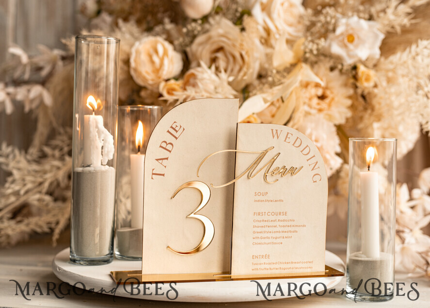 TABLE DECOR SIGNS Velvet table Numbers and Decor Acrylic Arch Table Number & dinner menu Combo, Velvet Ivory Acrylic gold Sign, Gold Ivory Plexi Velvet Table Numbers & Menu Combo Luxury Wedding Table Decor, Wedding Signage Golden mirror table numbers & Menu