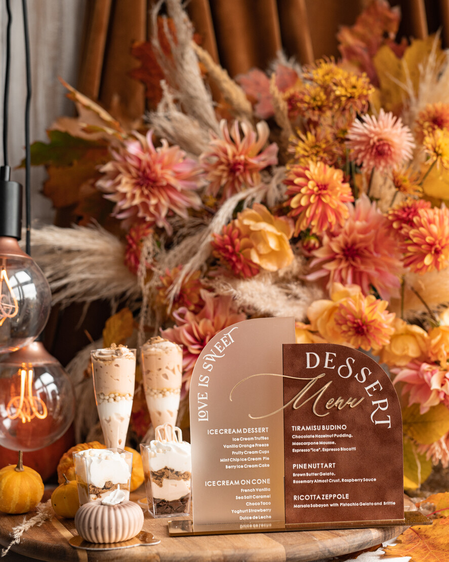 TISCHDEKORATIONSCHILDER   Samt Tischnummern und Dekoration Acrylbogen Dessertmenü, Terracotta gefrorenes Acryl Gold Candy Bar Schild, Herbstgold Plexi Tisch Dessertmenü Kombination Luxus Hochzeits Tischdekoration, Hochzeitsbeschilderung Goldenes Spiegel Candy Bar Menü