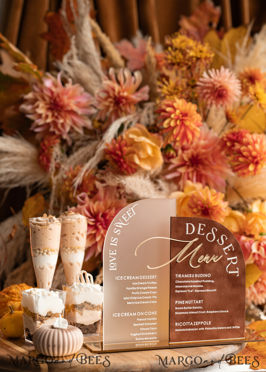 TISCHDEKORATIONSCHILDER   Samt Tischnummern und Dekoration Acrylbogen Dessertmenü, Terracotta gefrorenes Acryl Gold Candy Bar Schild, Herbstgold Plexi Tisch Dessertmenü Kombination Luxus Hochzeits Tischdekoration, Hochzeitsbeschilderung Goldenes Spiegel Candy Bar Menü