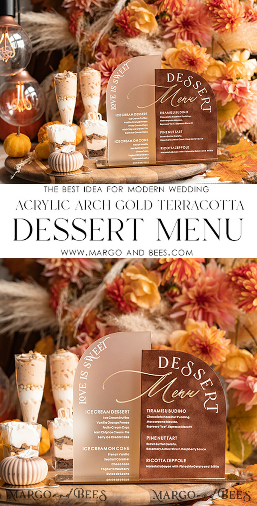 TISCHDEKORATIONSCHILDER   Samt Tischnummern und Dekoration Acrylbogen Dessertmenü, Terracotta gefrorenes Acryl Gold Candy Bar Schild, Herbstgold Plexi Tisch Dessertmenü Kombination Luxus Hochzeits Tischdekoration, Hochzeitsbeschilderung Goldenes Spiegel Candy Bar Menü