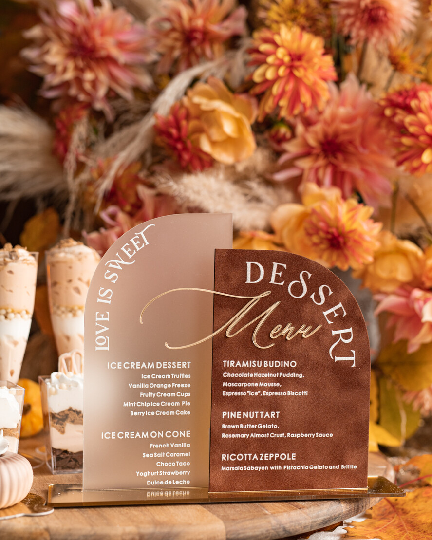 TISCHDEKORATIONSCHILDER   Samt Tischnummern und Dekoration Acrylbogen Dessertmenü, Terracotta gefrorenes Acryl Gold Candy Bar Schild, Herbstgold Plexi Tisch Dessertmenü Kombination Luxus Hochzeits Tischdekoration, Hochzeitsbeschilderung Goldenes Spiegel Candy Bar Menü