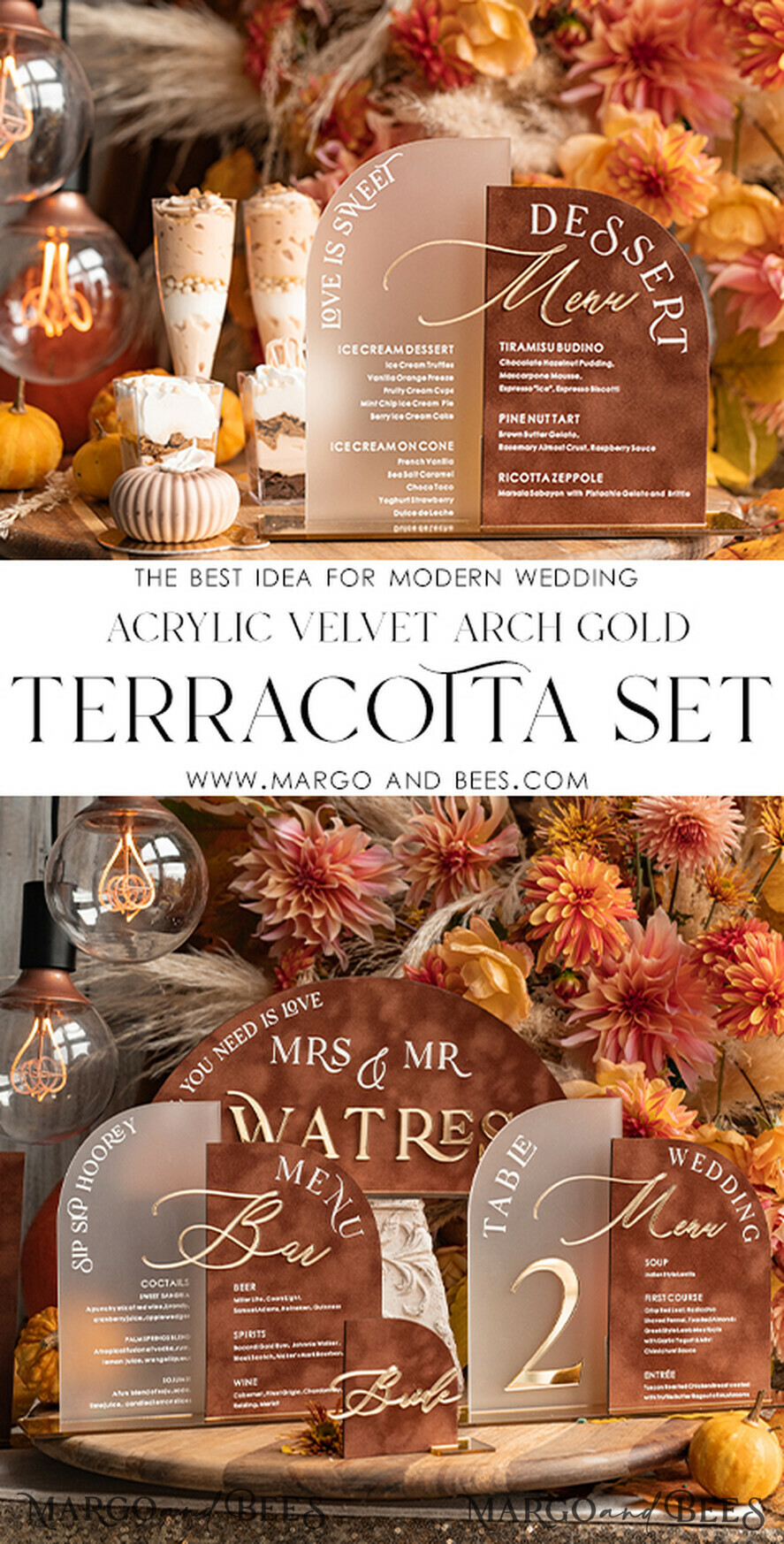 TISCHDEKORATIONSCHILDER   Samt Tischnummern und Dekoration Acrylbogen Dessertmenü, Terracotta gefrorenes Acryl Gold Candy Bar Schild, Herbstgold Plexi Tisch Dessertmenü Kombination Luxus Hochzeits Tischdekoration, Hochzeitsbeschilderung Goldenes Spiegel Candy Bar Menü