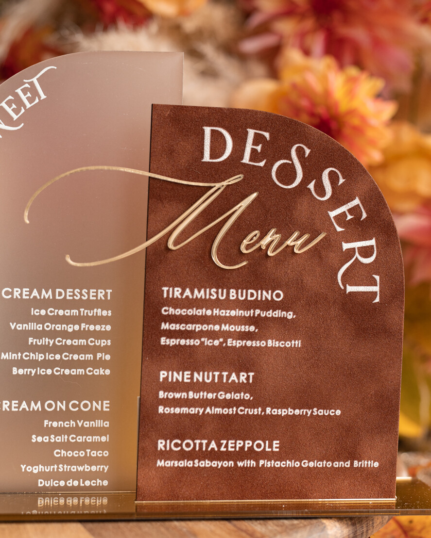 TISCHDEKORATIONSCHILDER   Samt Tischnummern und Dekoration Acrylbogen Dessertmenü, Terracotta gefrorenes Acryl Gold Candy Bar Schild, Herbstgold Plexi Tisch Dessertmenü Kombination Luxus Hochzeits Tischdekoration, Hochzeitsbeschilderung Goldenes Spiegel Candy Bar Menü