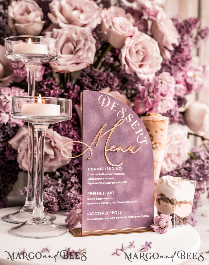TABLE DECOR SIGNS Velvet table Numbers and Decor Mauve Velvet Arch Dessert menu, Dusty Rose Candy Sign, Gold Purple Plexi Table Arch Cake Bar Menu, Luxury Acrylic Wedding Table Decor, Wedding Signage Golden Lillac