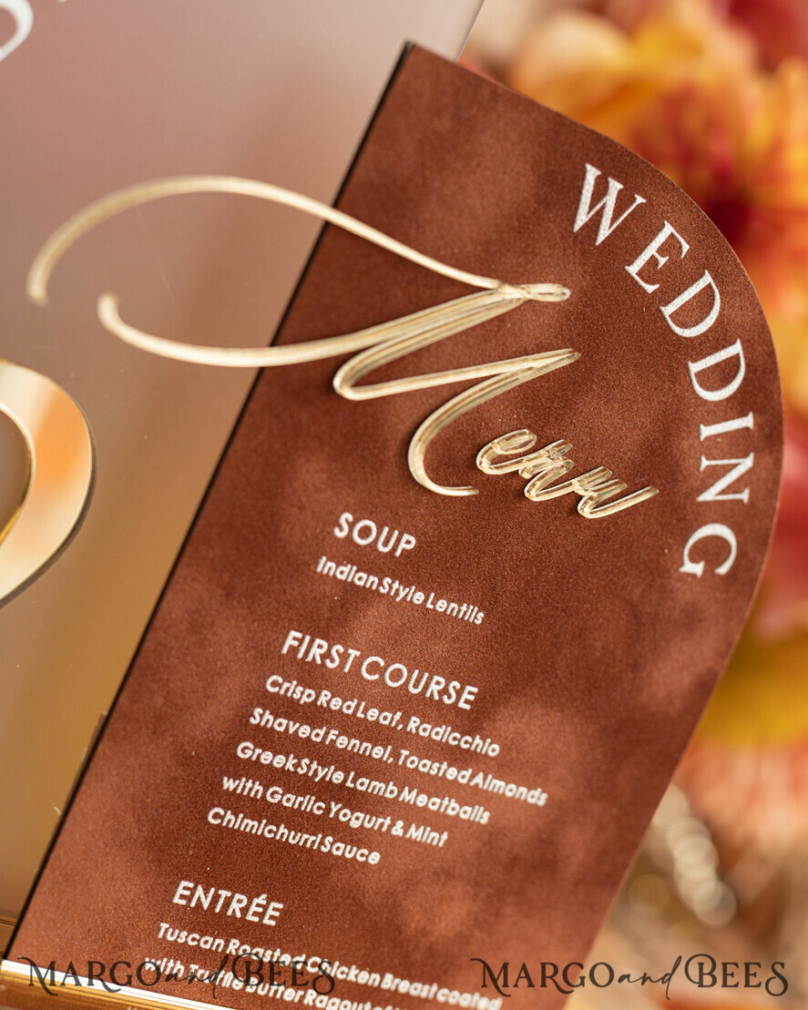 TABLE DECOR SIGNS Velvet table Numbers and Decor Acrylic Arch Table Number & wedding menu Combo, Rust & Frozen Acrylic gold Sign, Gold Plexi Table Numbers Terracotta Menu Combo Luxury Wedding Table Decor, Wedding Signage Golden mirror table numbers 